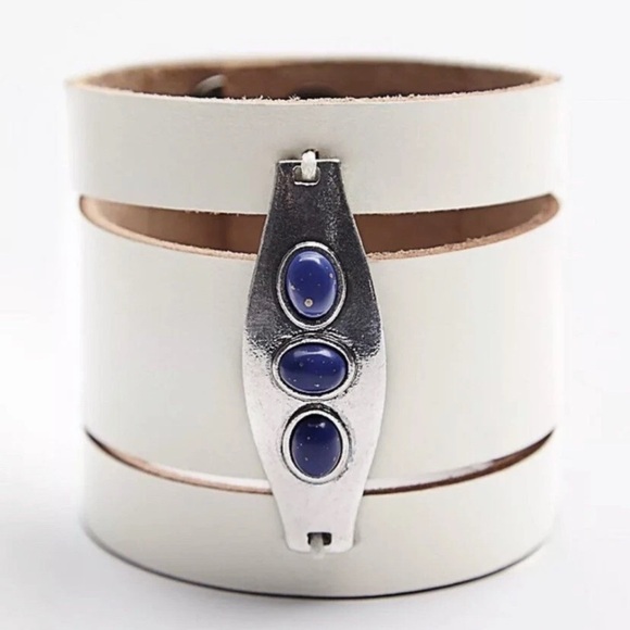 FREE PEOPLE Monza Leather Cuff Boho Bracelet Silver Ivory Blue - Picture 1 of 8